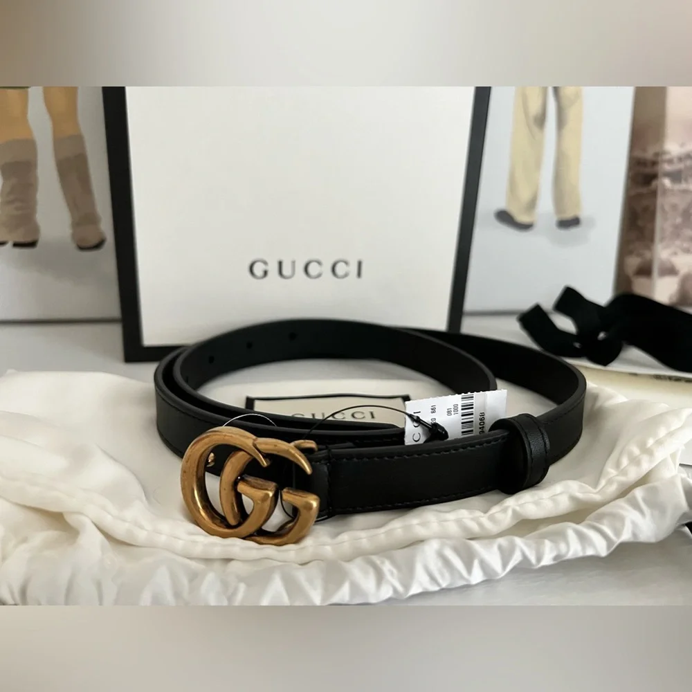 🔥SOLD🔥 GUCCI Thin Black Leather Belt Double G 80 Antique Brass Buckle NEW - Picture 3 of 9